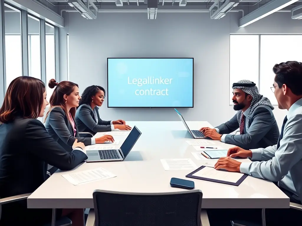 A diverse group of business professionals are engaged in a contract negotiation, with LegalLinker's logo subtly displayed in the background, symbolizing their role in facilitating legal support.