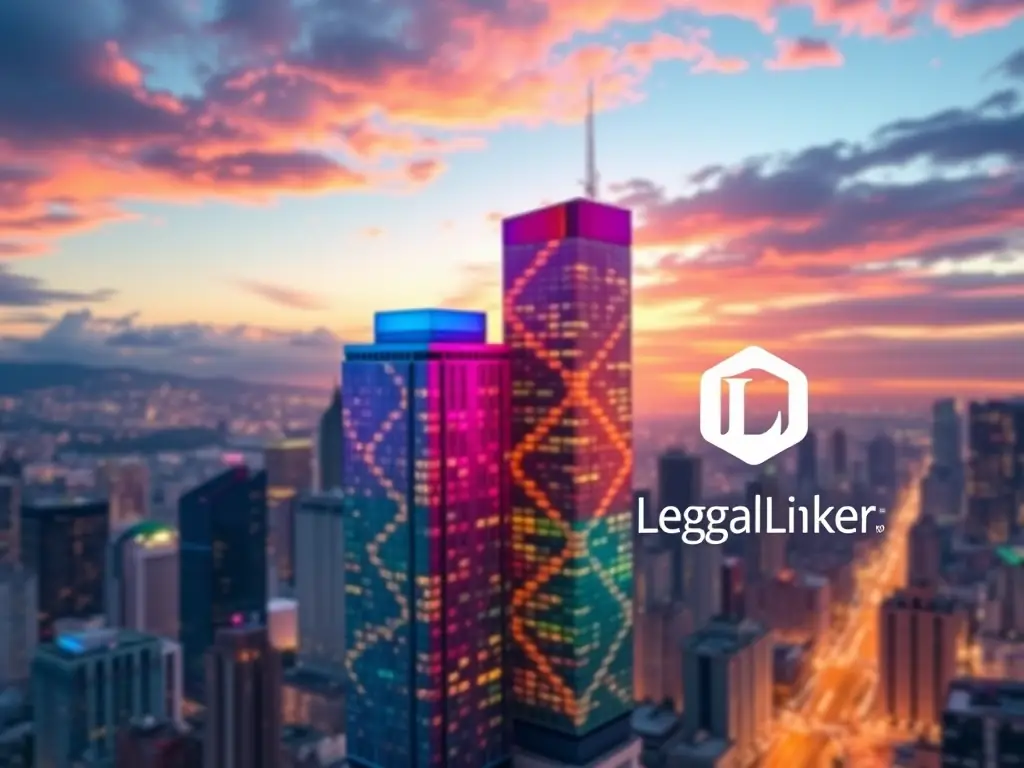 A visual representation of a merger, with two companies symbolically joining together, and LegalLinker's logo in the corner, representing their role in facilitating legal support.