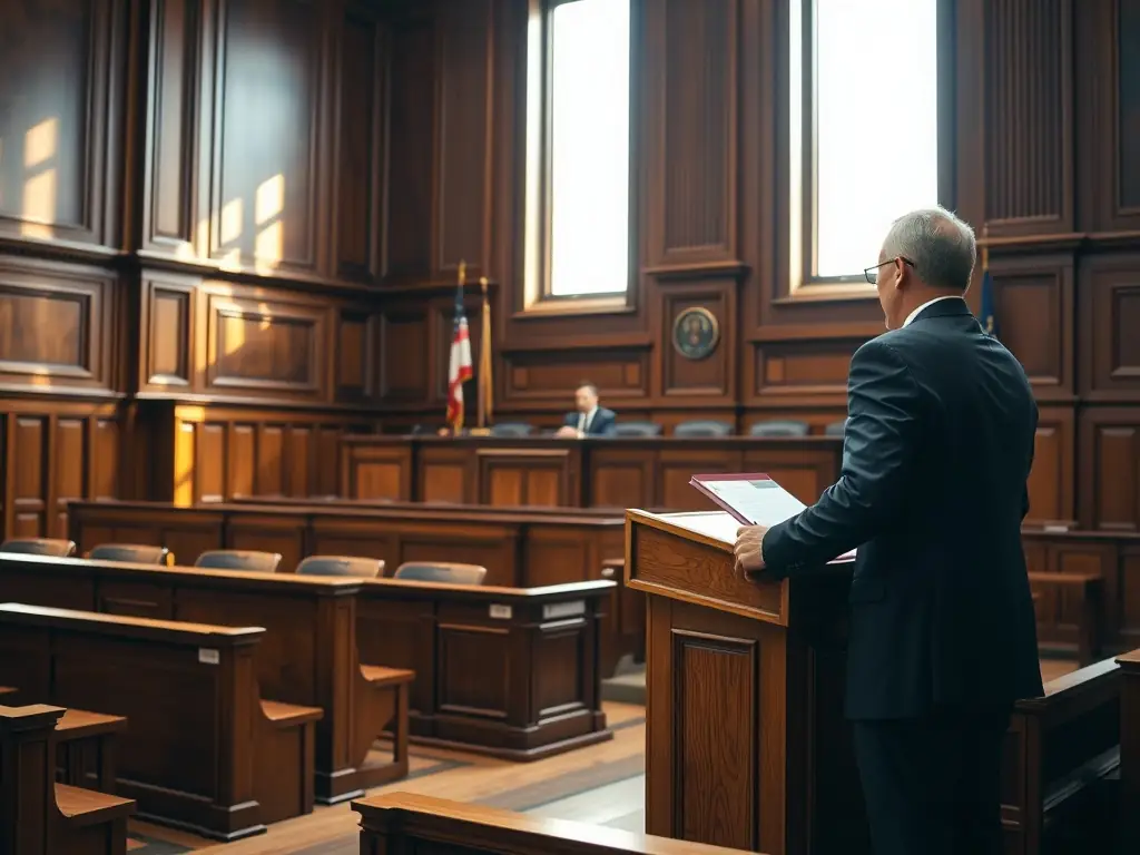 A courtroom scene with a lawyer confidently presenting a case, with LegalLinker's logo subtly displayed, symbolizing their role in connecting businesses with legal representation.